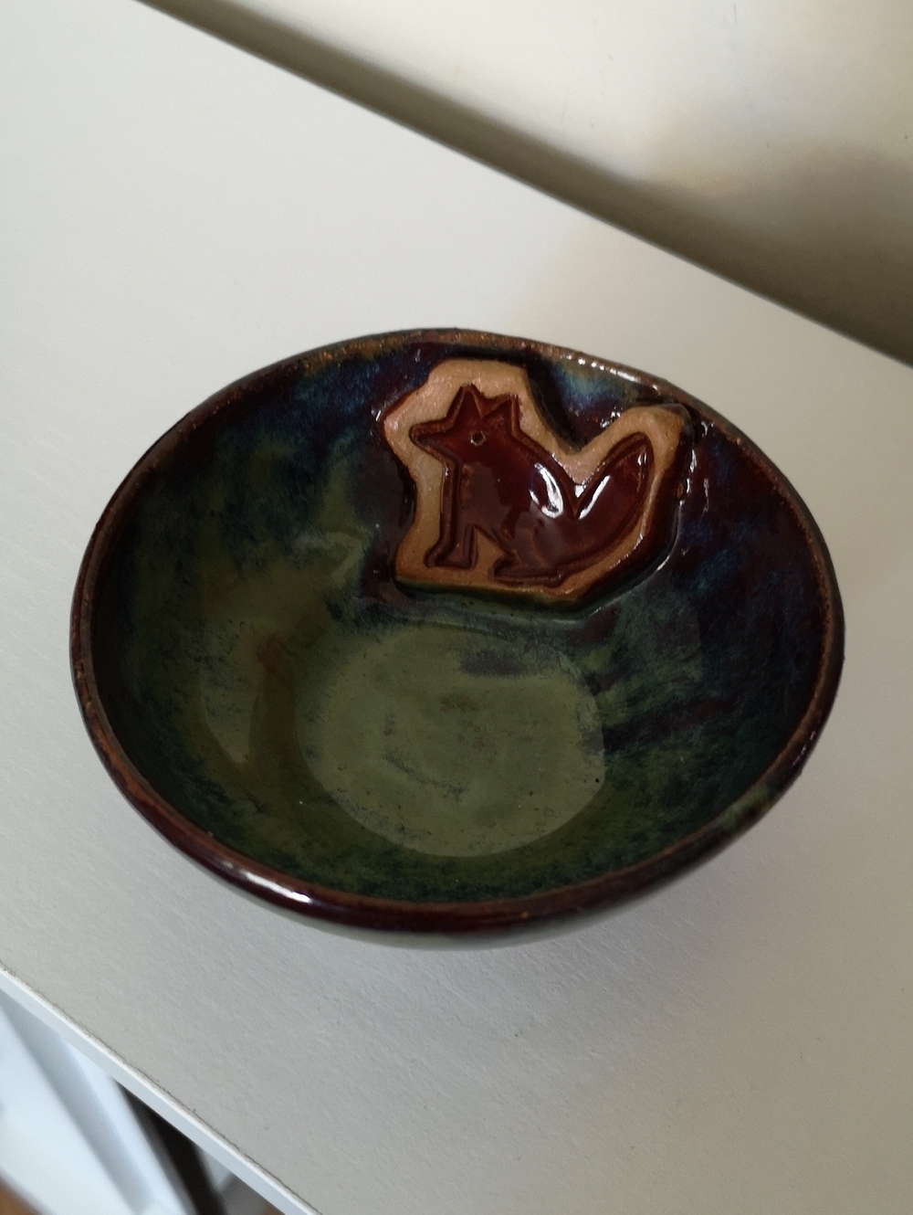 Incredibly Sweet Studio Art Pottery Trinket Bowl w Fox Accent Blue Green Glaze